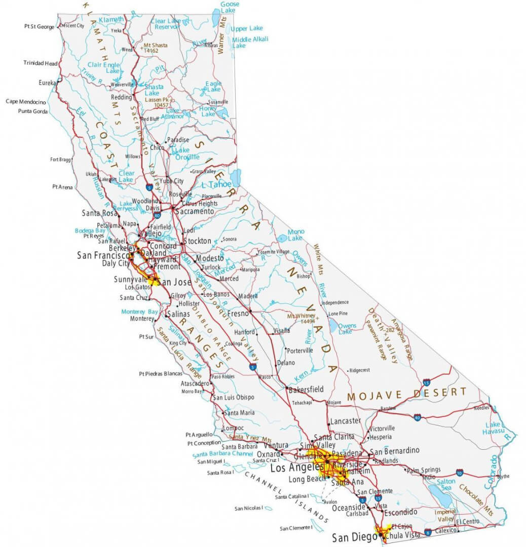 Carte des villes et autoroutes de la Californie